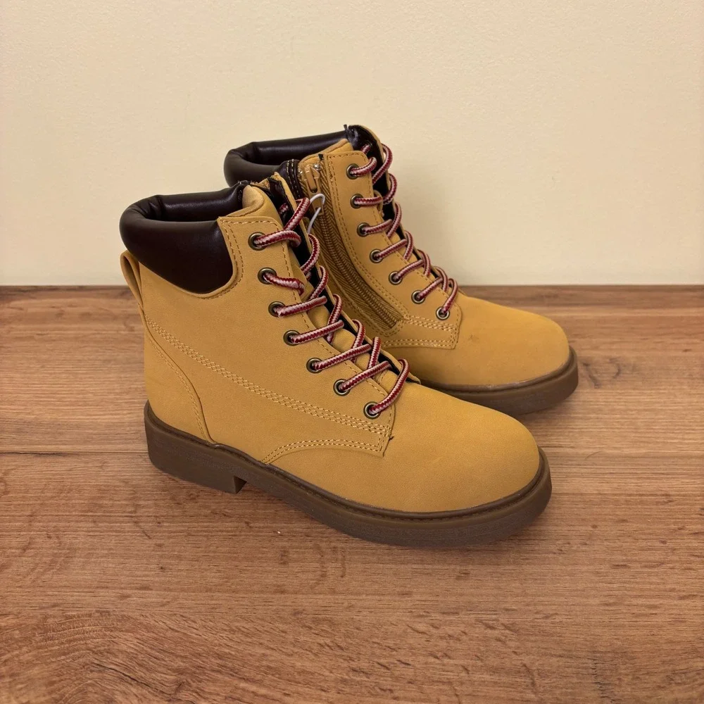 STEVE MADDEN JJumble Combat Boots Tan Kids Size 2 Side Zip Lace Up Low Heel